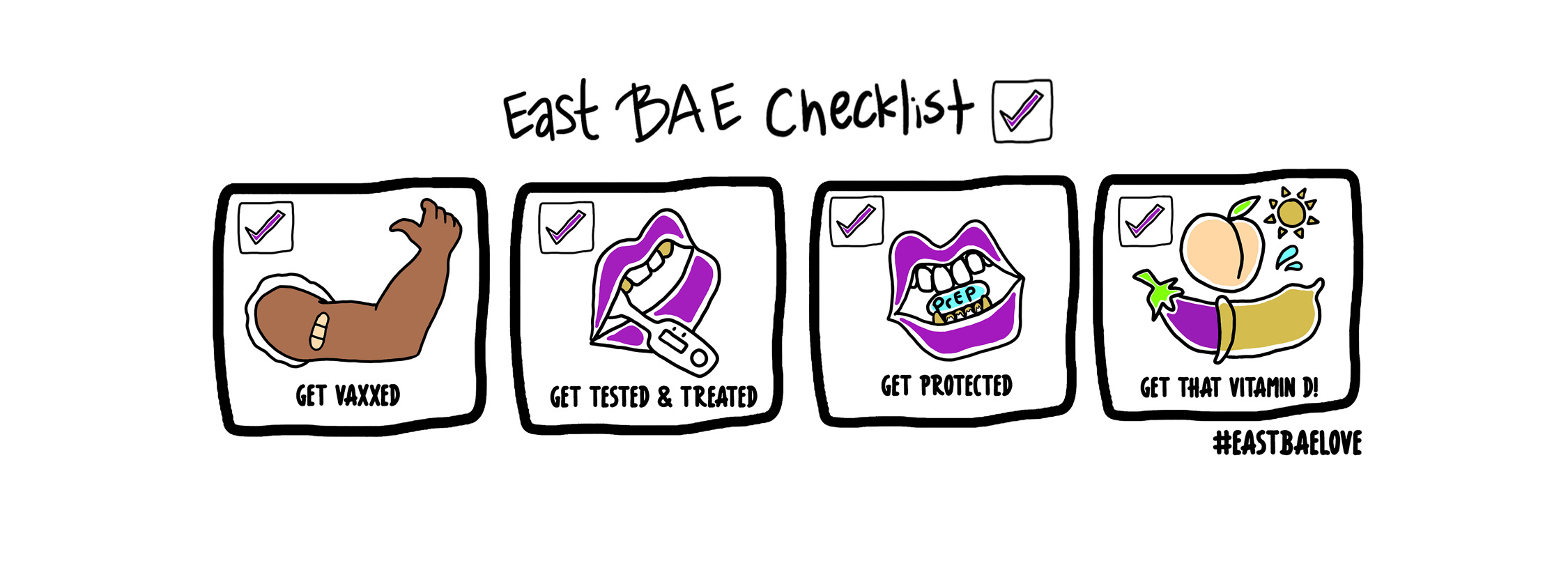 East Bae checklist: get vaccinated, get tested and treated, get protected, and get Vitamin D.
